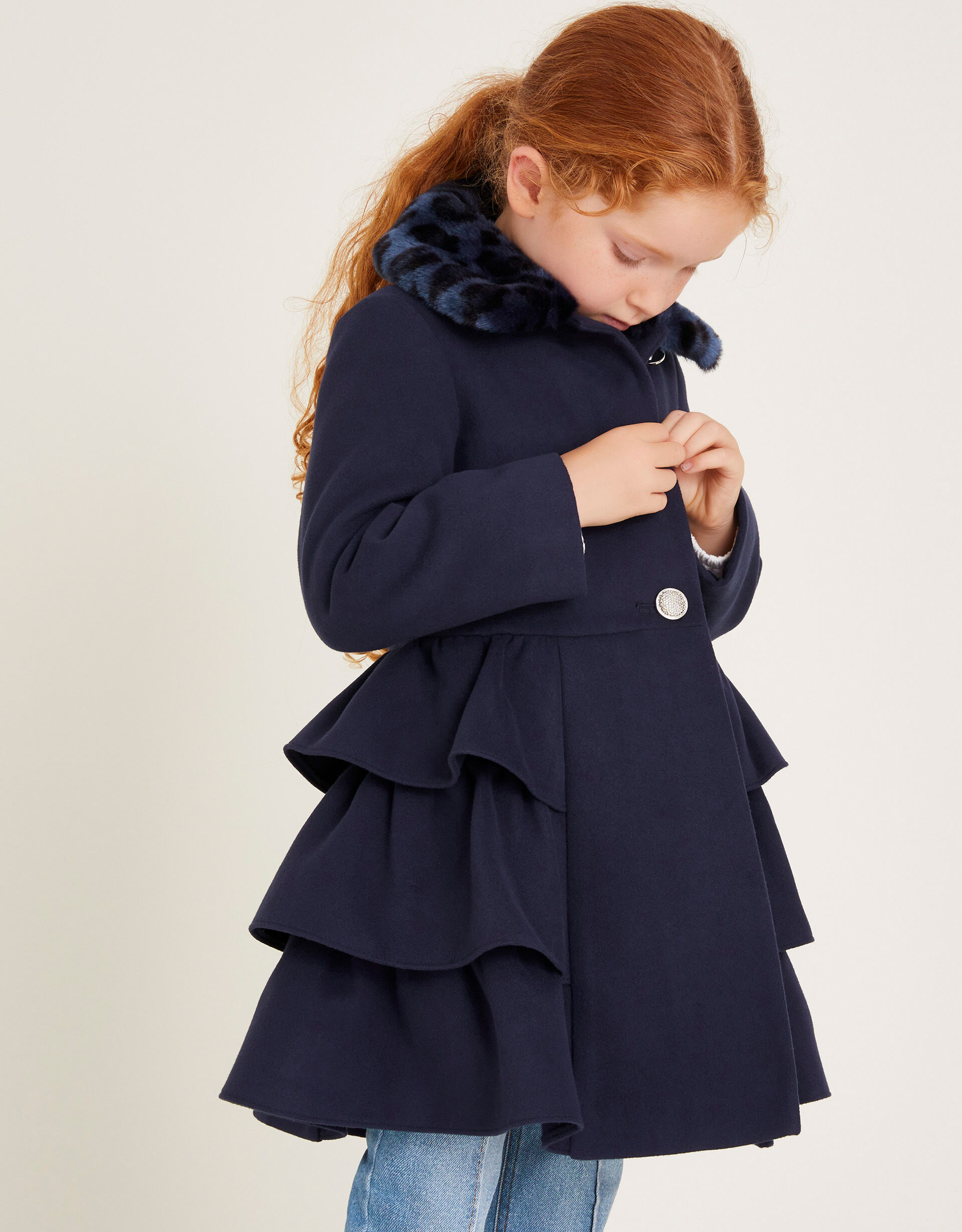 Faux Fur Collar Peplum Coat Blue