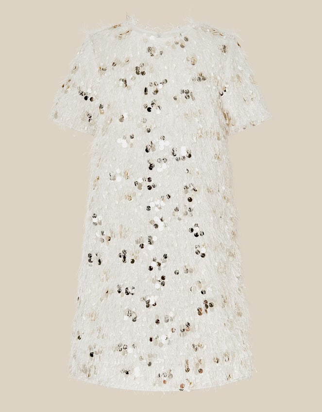 Frankie Short Sleeve Sequin Fringe Party Dress, White (WARM IVORY), large