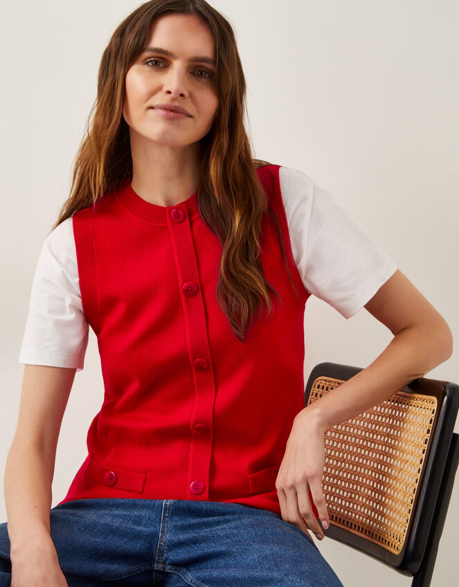 Shaw Button Knitted Vest, Red (RED), large