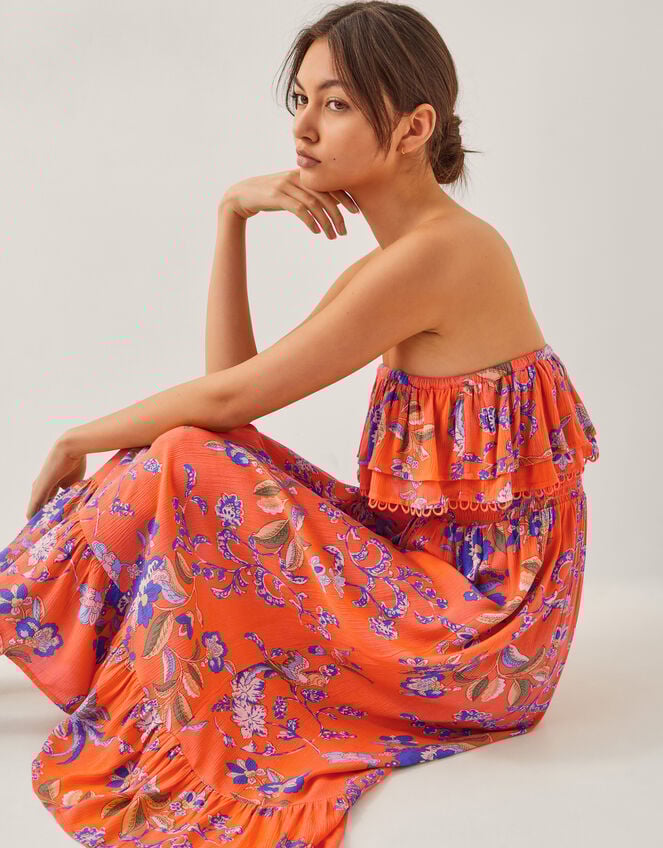 Kaia Floral Frill Midi Dress, Orange (ORANGE), large