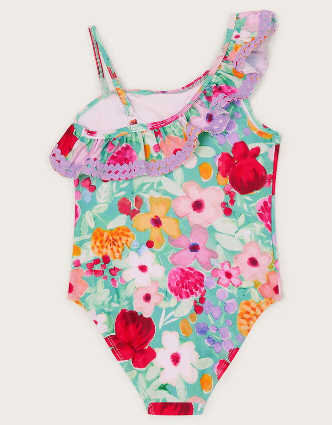 Floral Asymmetrical Frill Swimsuit, Green (GREEN), large