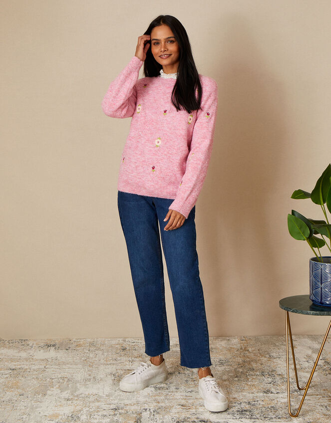 Floral Embroidered Crewneck Jumper, Pink (PINK), large