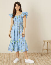 Floral Frill Sleeve Midi Dress, Blue (BLUE), large