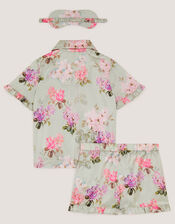 Floral Satin Short Pyjamas & Eye Mask Set, Green (GREEN), large