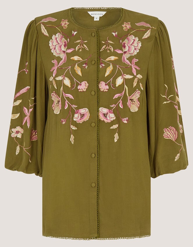 Amelie Floral Embroidered Blouse, Green (OLIVE), large