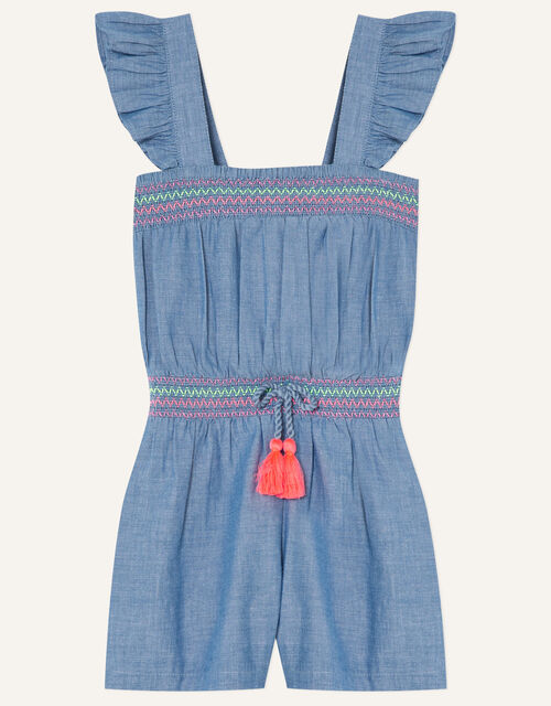 Chambray Frill Shoulder Playsuit, Blue (BLUE), large