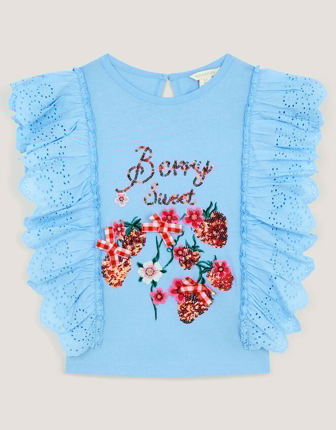 Embellished Strawberry Broderie Ruffle Top, Blue (BLUE), large