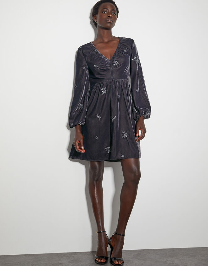 Yvanna Embellished Velvet Mini Dress, Grey (GREY), large