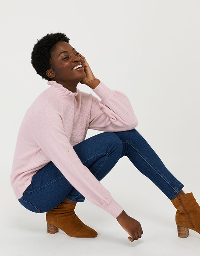 Ruffle Neck Stitchy Knit Jumper, Pink (PINK), large