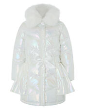 Holographic Frill Padded Coat, Ivory (IVORY), large