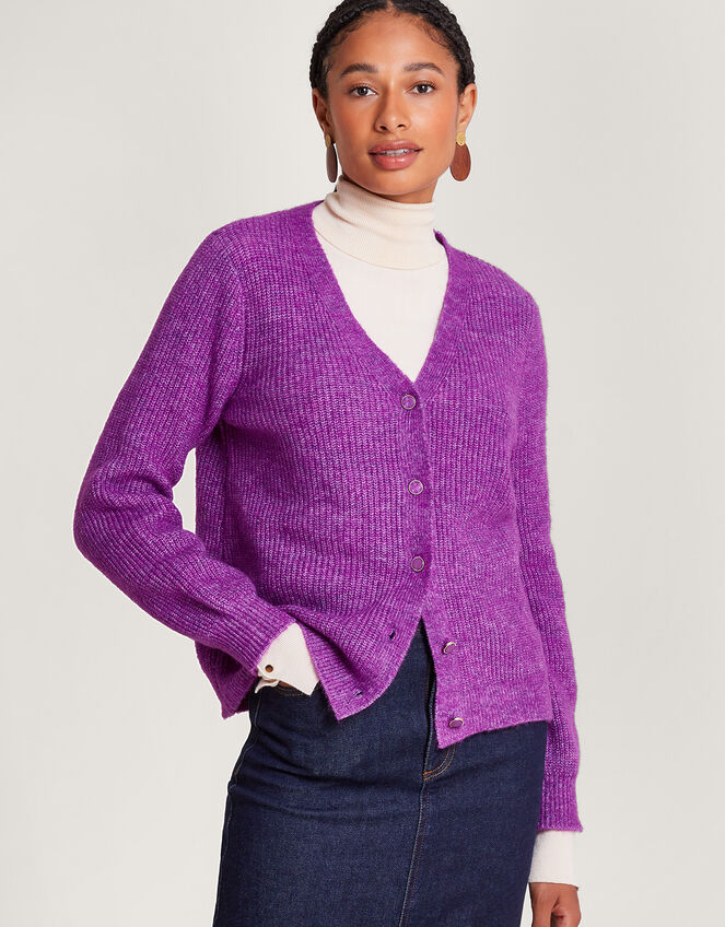 Super-Soft Ribbed Knit Cardigan, Purple (PURPLE), large