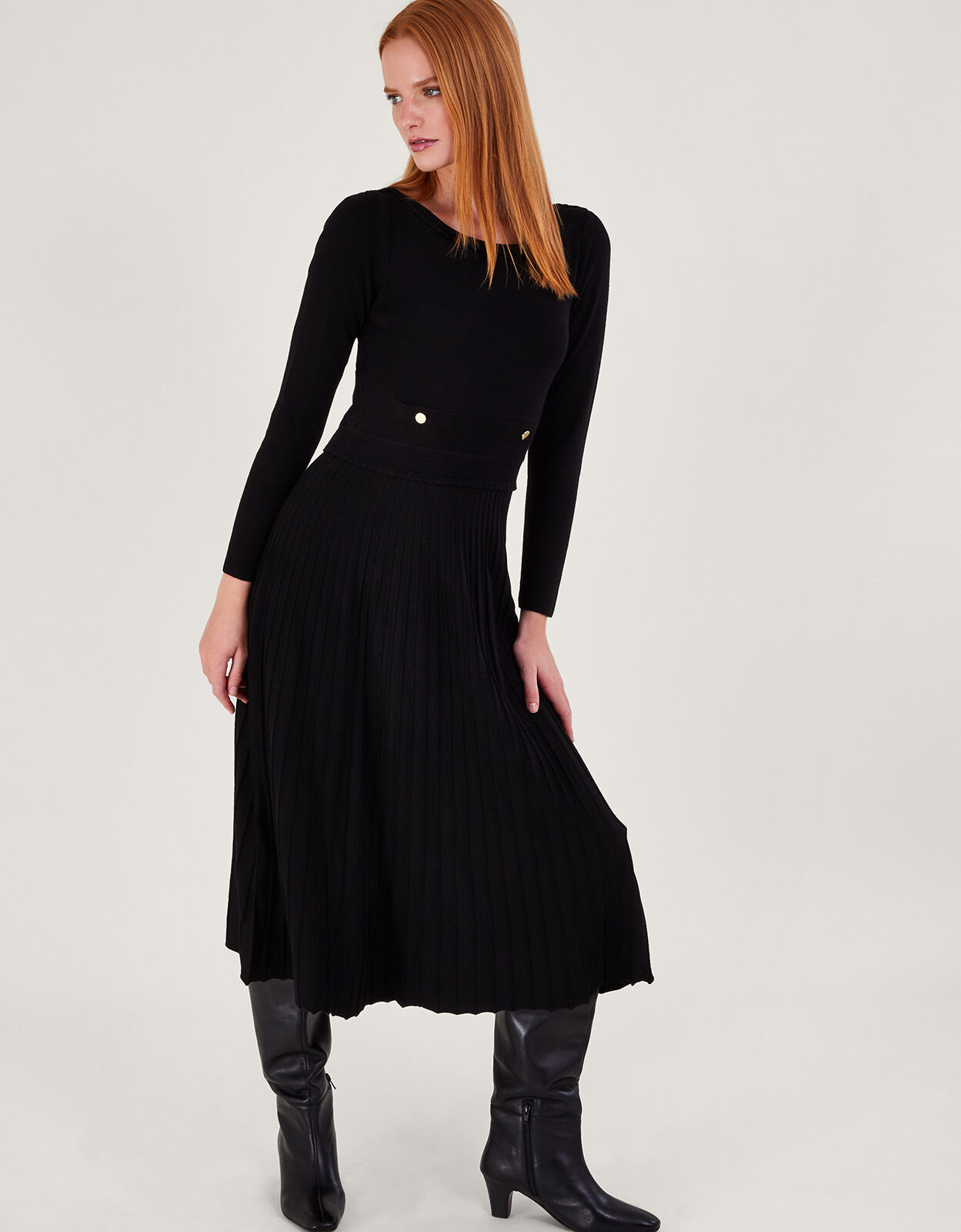 Pleat Trim Slash Neck Midi Dress with Lenzing Ecovero Black