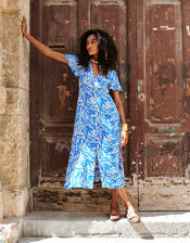 Florence Leaf Print Tea Dress, Blue (BLUE), large