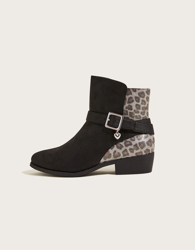 Leopard Heart Buckle Boots , Black (BLACK), large