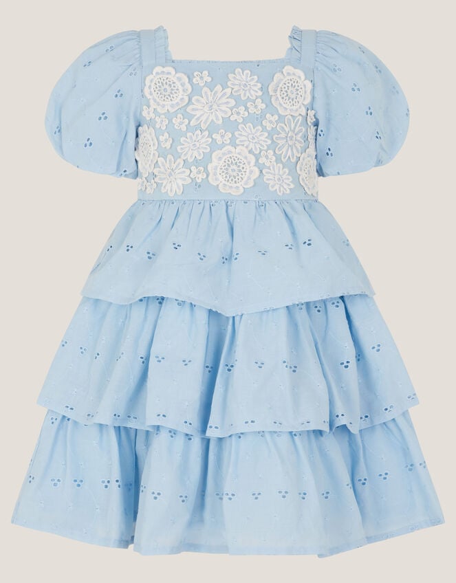 Baby Floral Broderie Puff Sleeve Tiered Dress, Blue (BLUE), large