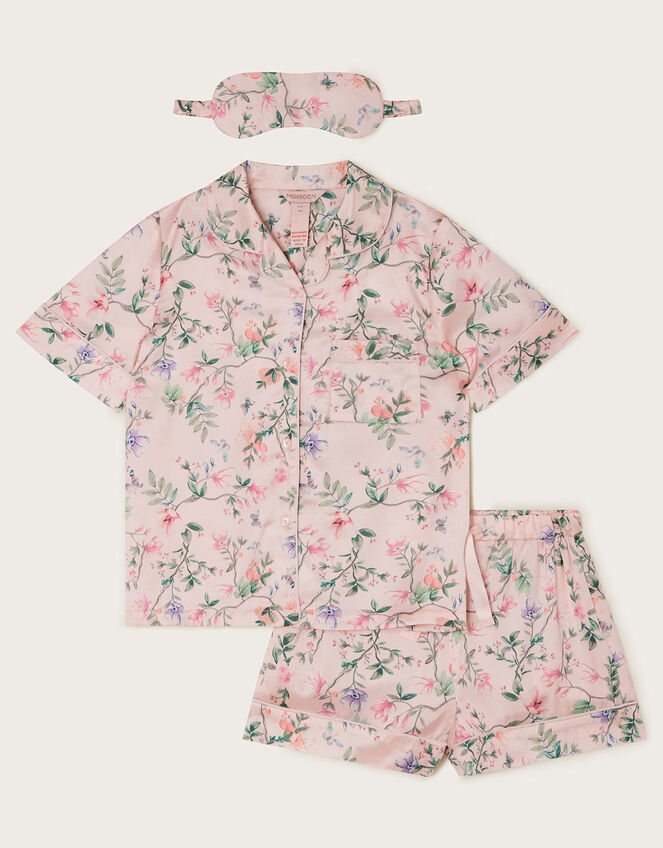 Satin Azalea Floral Short Pyjamas and Eye Mask Set, Pink (PINK), large