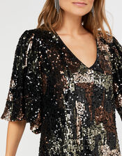 Carmen Camo Sequin Short Dress, Black (BLACK), large