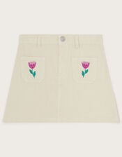 Tulip Embroidered Denim Skirt, Cream (CREAM), large