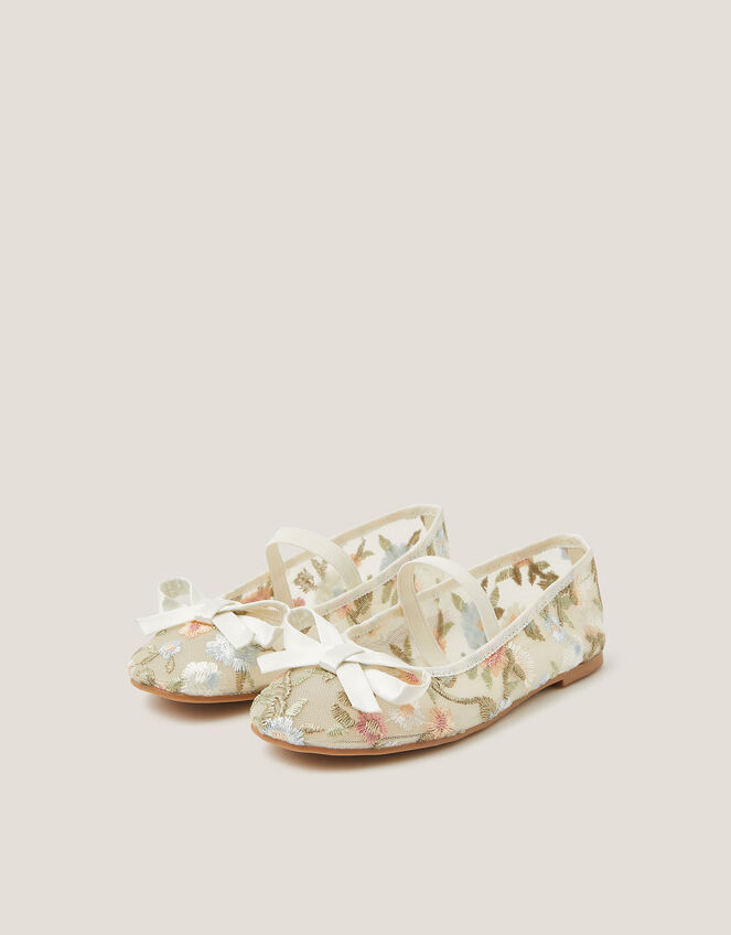 Floral Embroidered Mesh Ballet Flats, Ivory (IVORY), large