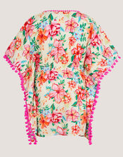 Floral Print Pom Pom Kaftan, White (WHITE), large