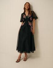 Felicity Floral Embroidered Midi Dress, Black (BLACK), large
