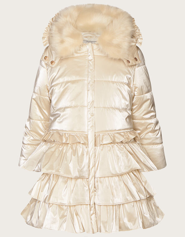 Metallic Ruffle Tiered Padded Coat, Natural (CHAMPAGNE), large