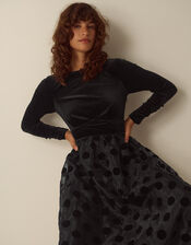 Viana Polka Dot Velvet Midi Dress, Black (BLACK), large