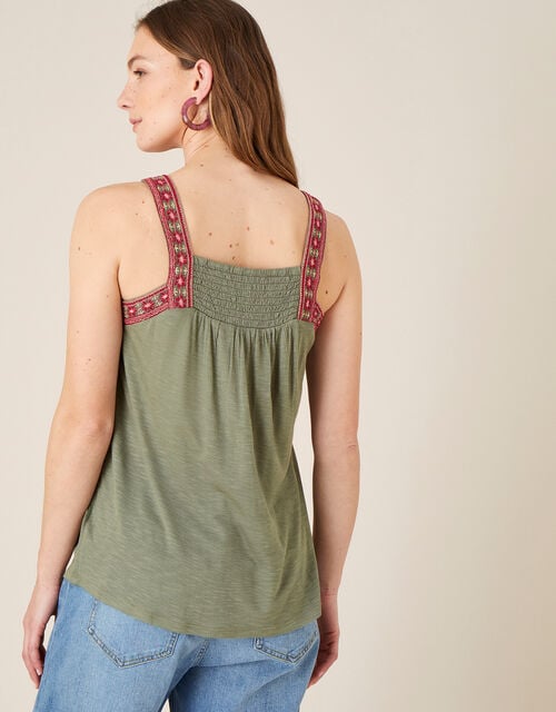 Embroidered Jersey Sleeveless Top, Green (KHAKI), large