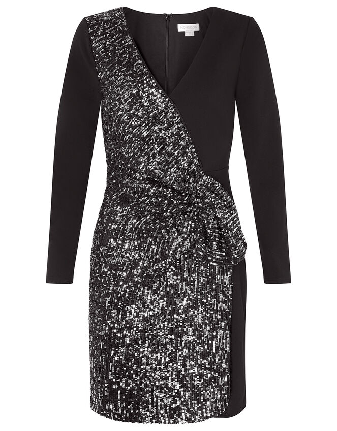 Ava Sequin Stretch Wrap Dress	, Black (BLACK), large