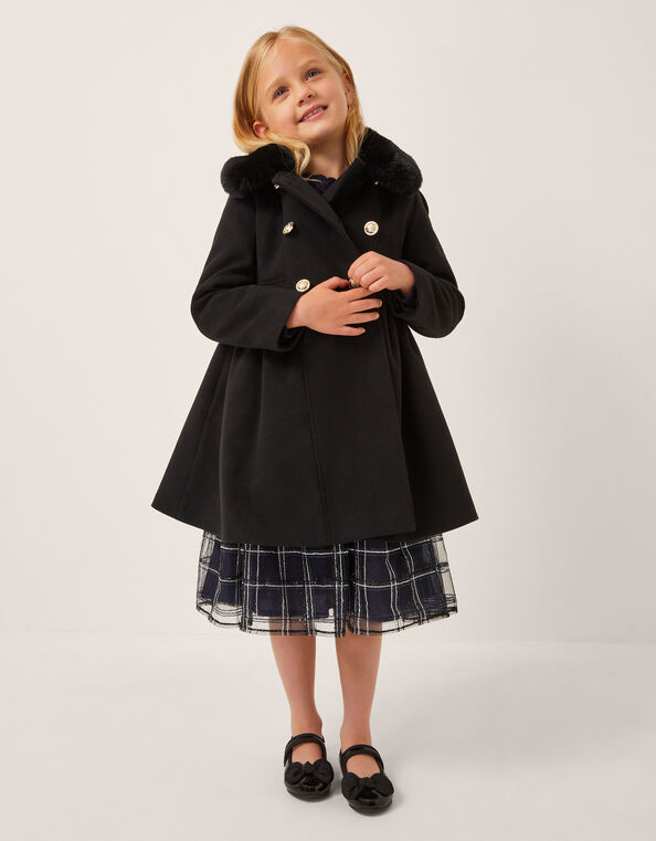 Faux Fur Collar Double-Breasted Coat, Black (BLACK), large