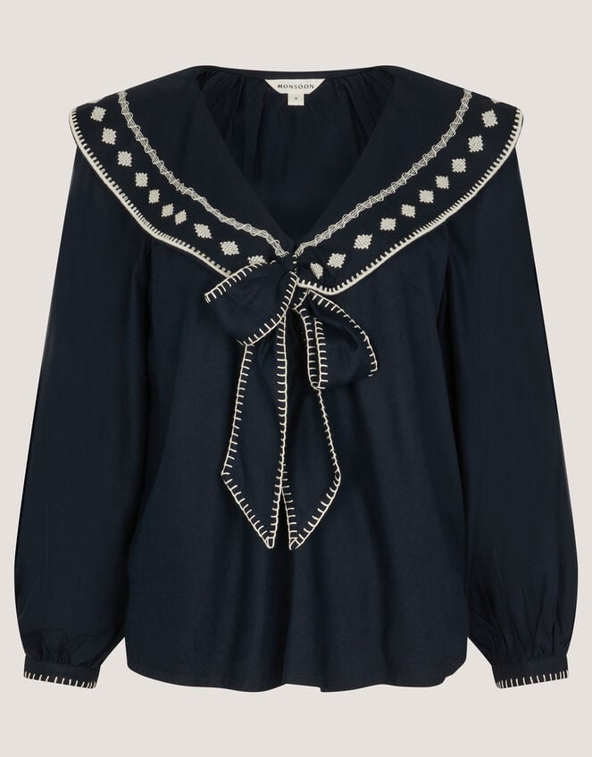 Lola Embroidered Sailor Collar Top, Blue (NAVY), large