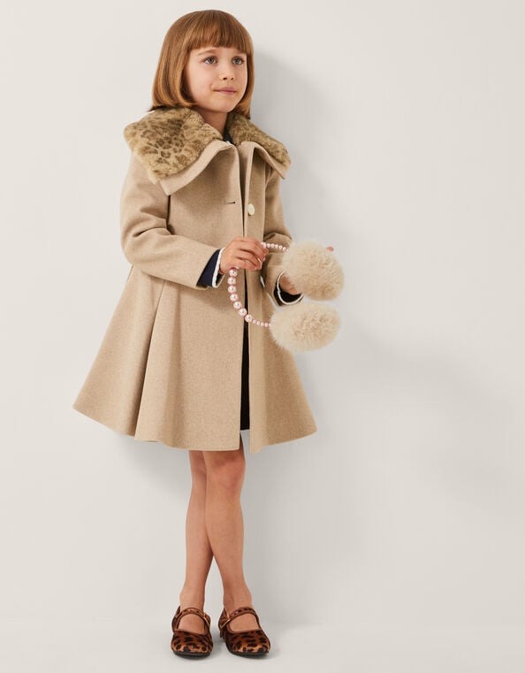 Fluffy Leopard Collar Swing Coat, Camel (OATMEAL), large