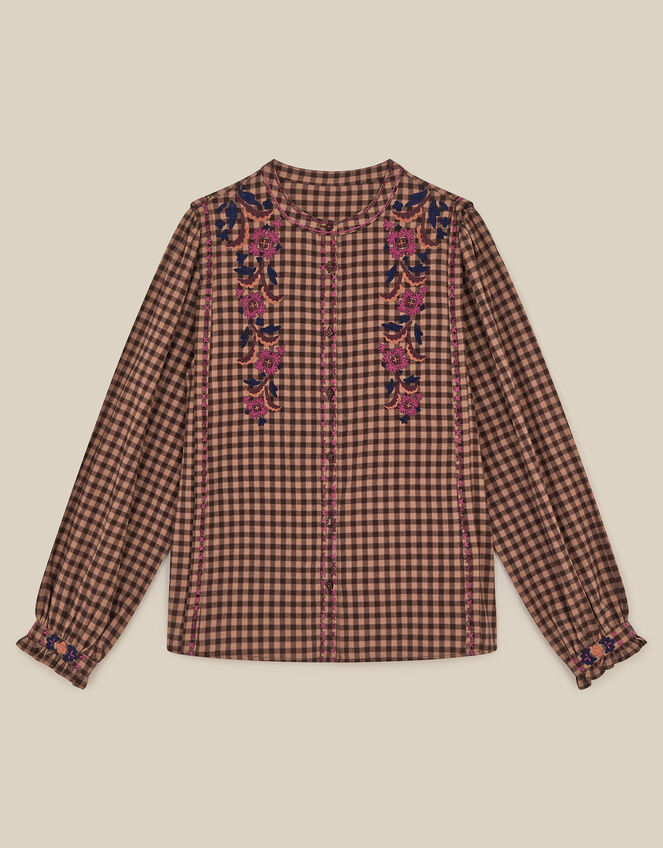 East Freya Embroidered Check Blouse, Brown (BROWN), large