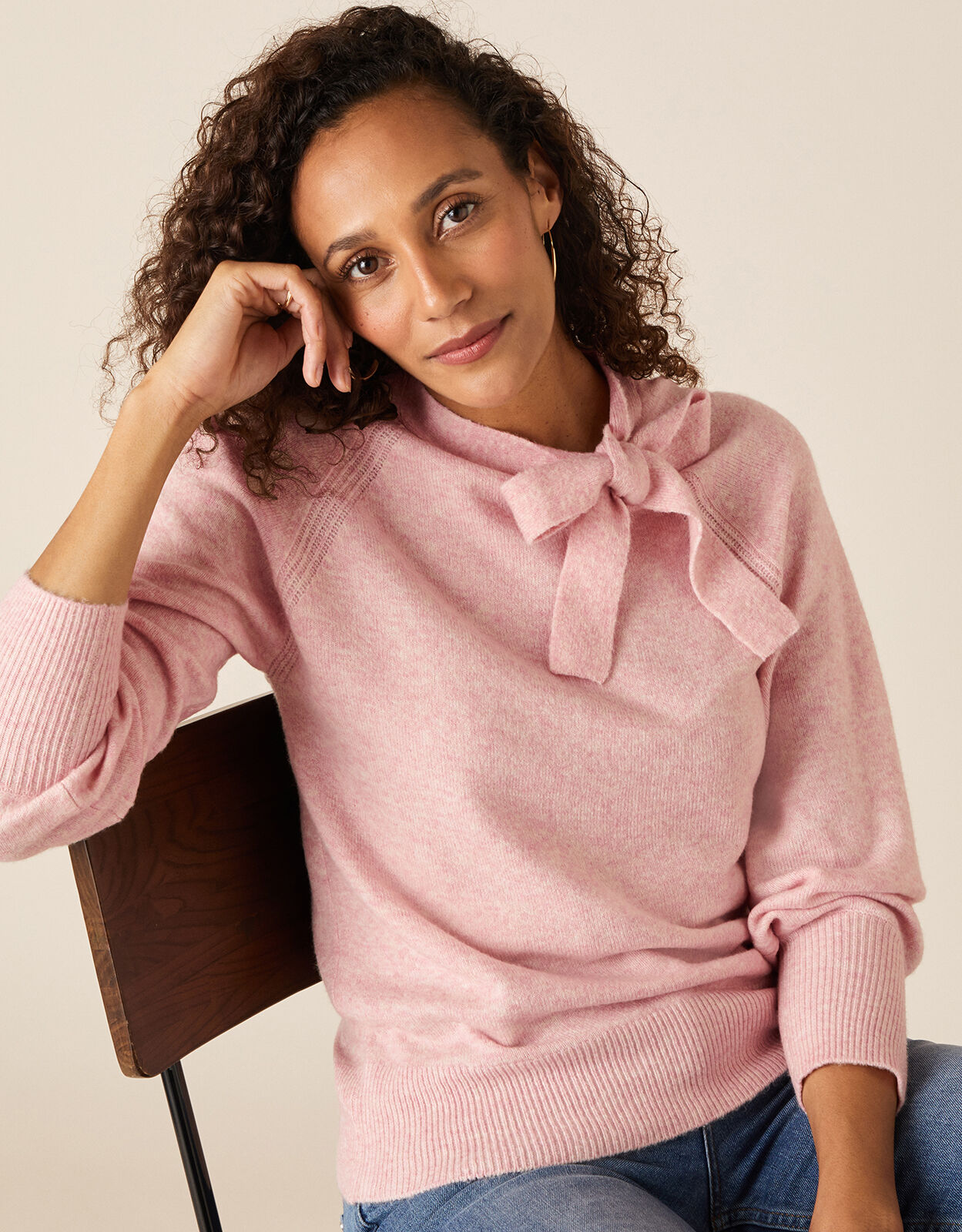 Tie Neck Knit Jumper Pink