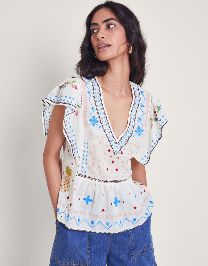 Prue Pineapple Embroidered Top, White (WHITE), large