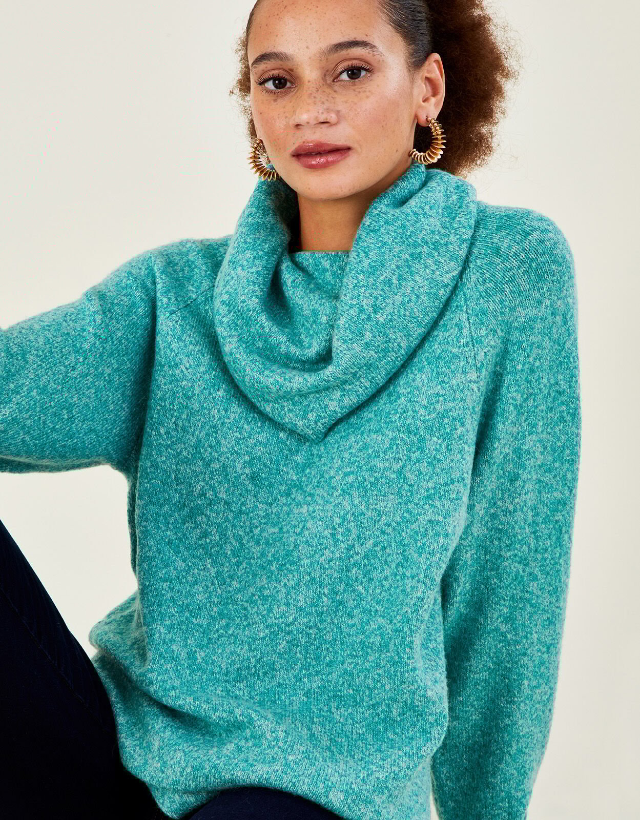Cowl Neck Longline Jumper with Recycled Polyester Green Knitwear