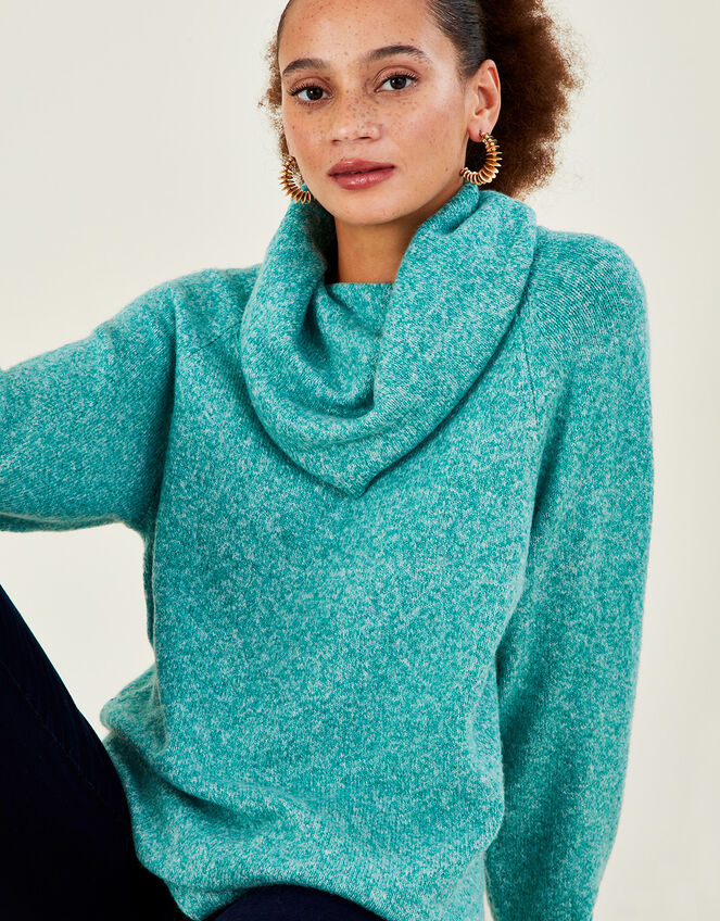 Cowl Neck Longline Jumper with Recycled Polyester , Green (GREEN), large