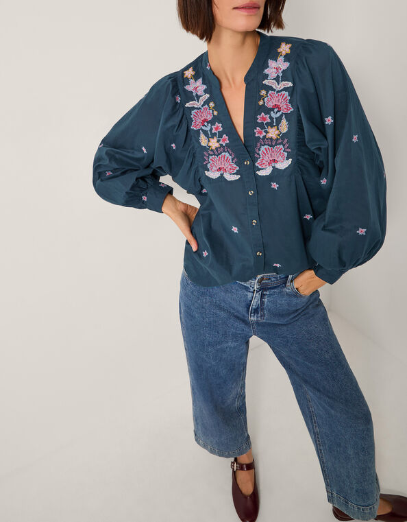 Bria Embroidered Blouson Blouse, Blue (BLUE), large