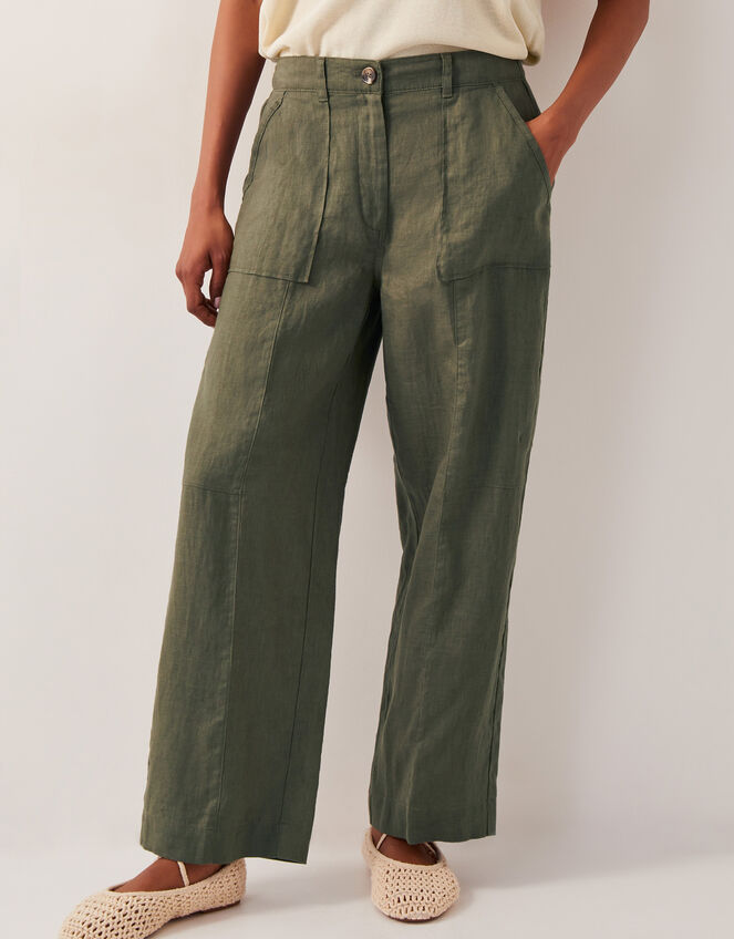 Linen Jolie Short Wide Leg Trousers, Green (KHAKI), large