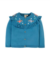 Frugi Embroidered Fairy Ruffle Cardigan, Blue (BLUE), large