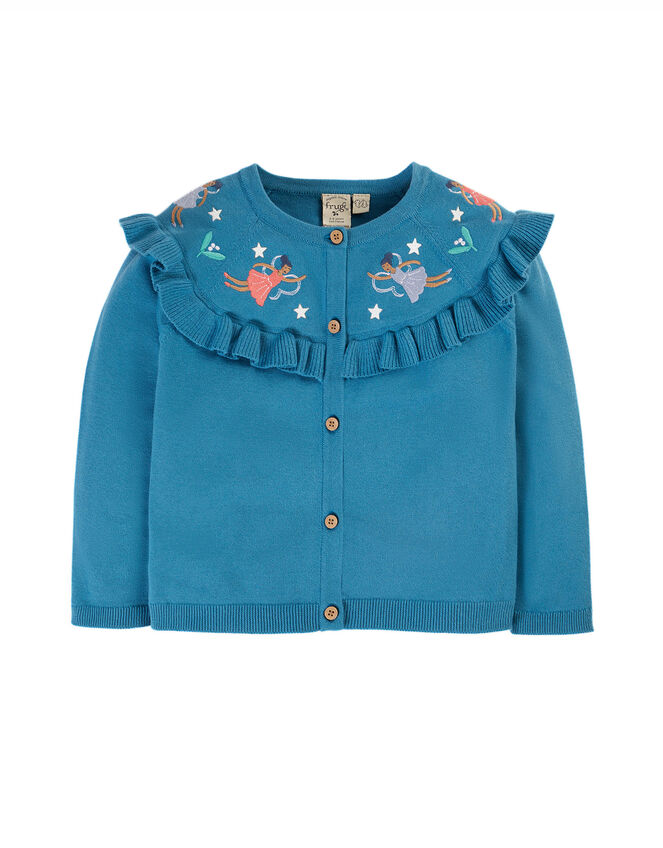 Frugi Embroidered Fairy Ruffle Cardigan, Blue (BLUE), large