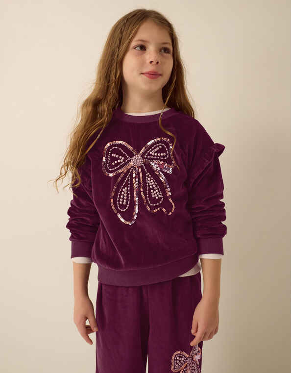 Bow Embellished Velour Sweatshirt, Brown (BROWN), large