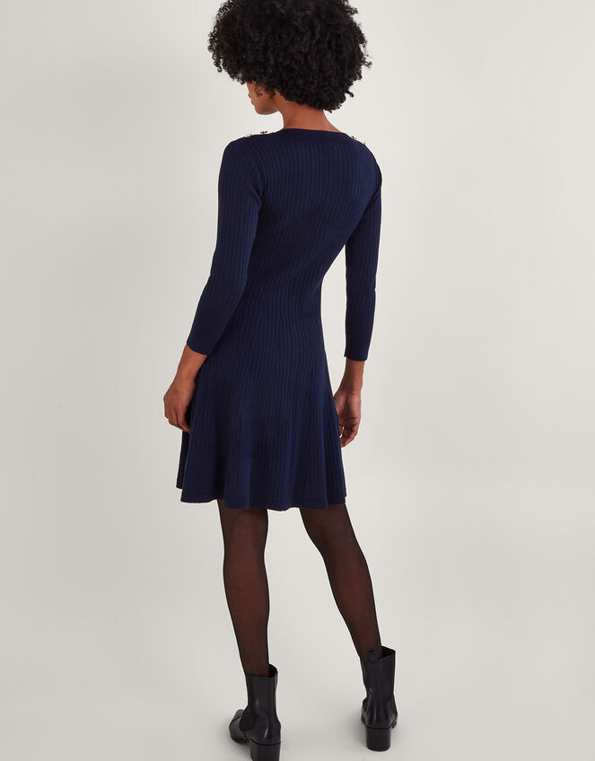 Button Detail Ribbed Fit and Flare Dress with Recycled Polyester, Blue (NAVY), large
