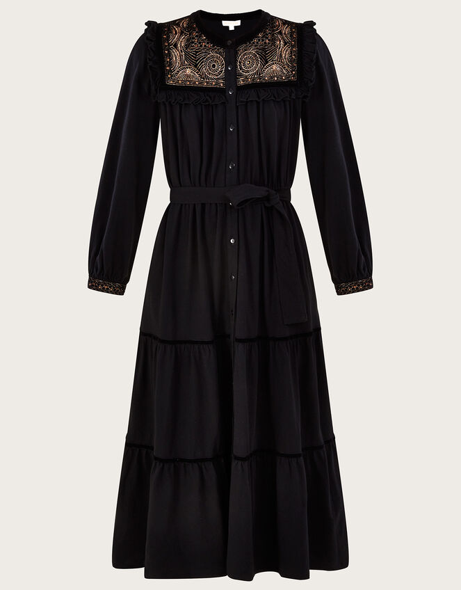 Velvet Embroidered Yoke Jersey Dress Black