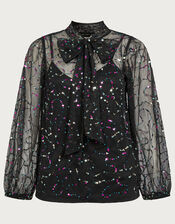 Daria Embellished Pussybow Blouse in Recycled Polyester , Black (BLACK), large