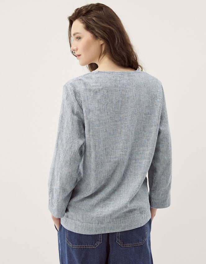 Alexis Stripe Linen-Blend Top, Blue (NAVY), large