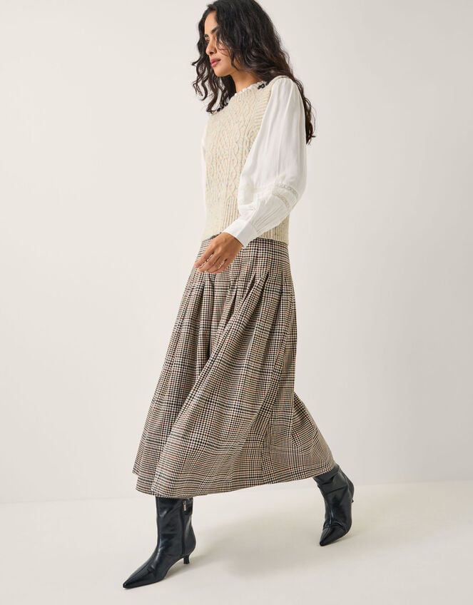 Carmen Check Pleat Midi Skirt Natural