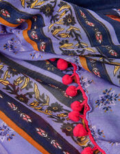 Printed Pom-Pom Trim Scarf in Recycled Polyester, , large