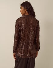Shelby Sequin Fringe Satin Shirt, Brown (CHOCOLATE), large
