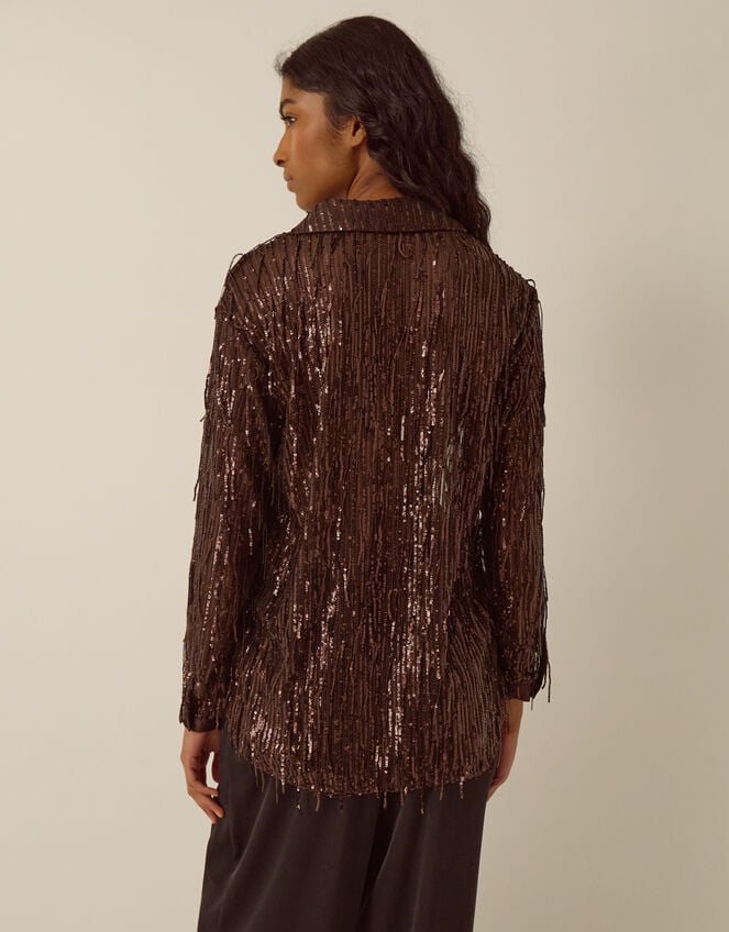 Shelby Sequin Fringe Satin Shirt, Brown (CHOCOLATE), large